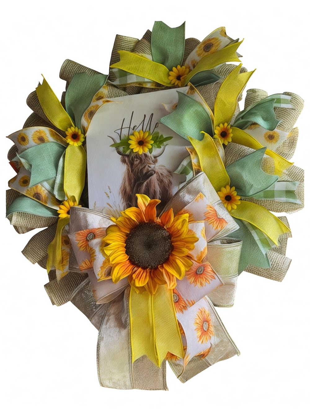 Sunny Sunflower Decorative Wreath with Green and Yellow Ribbons